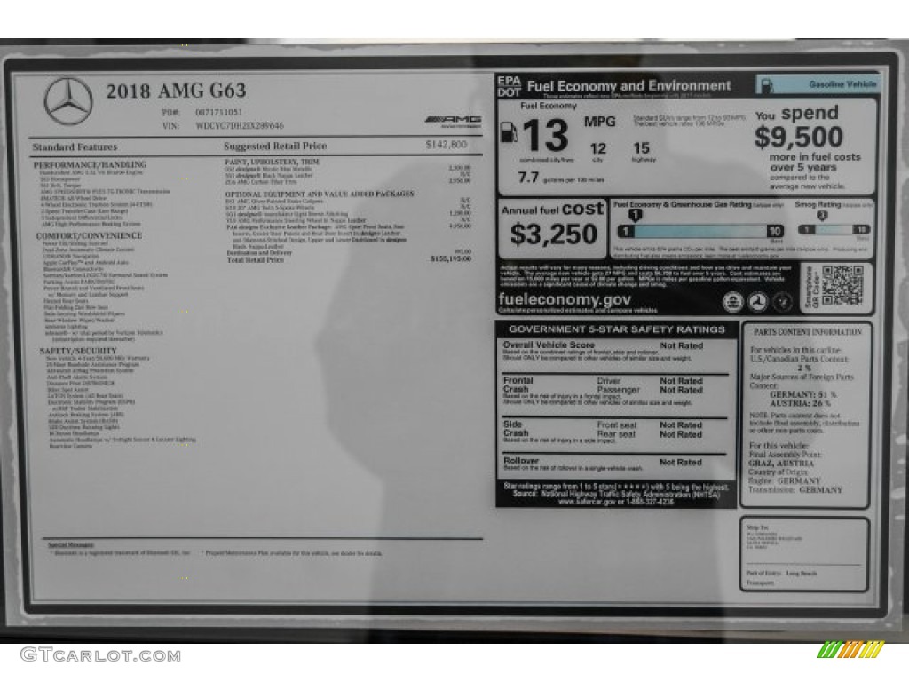 2018 Mercedes-Benz G 63 AMG Window Sticker Photo #125249884