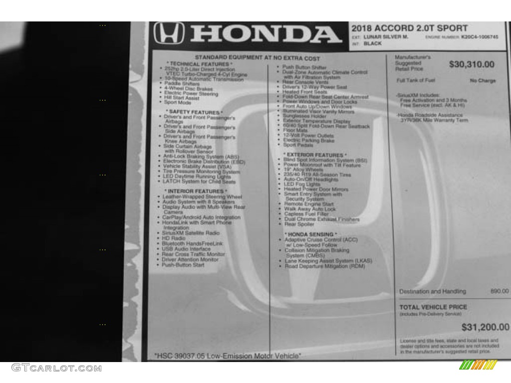 2018 Honda Accord Sport Sedan Window Sticker Photo #125262497
