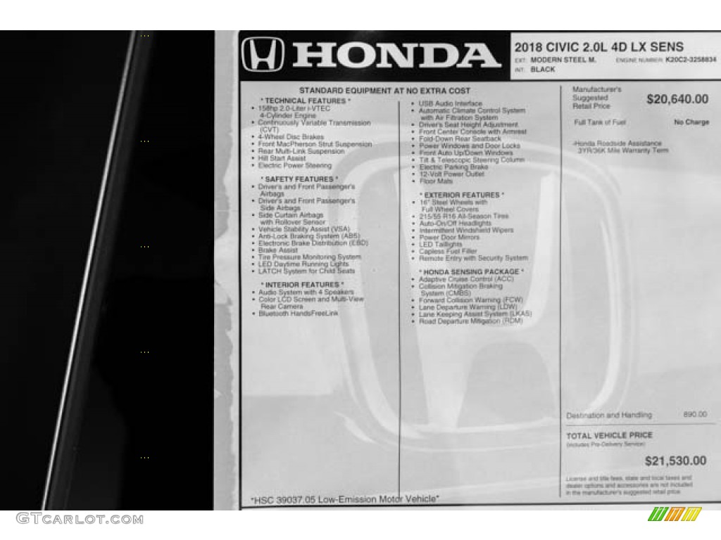 2018 Honda Civic LX Sedan Window Sticker Photo #125298459