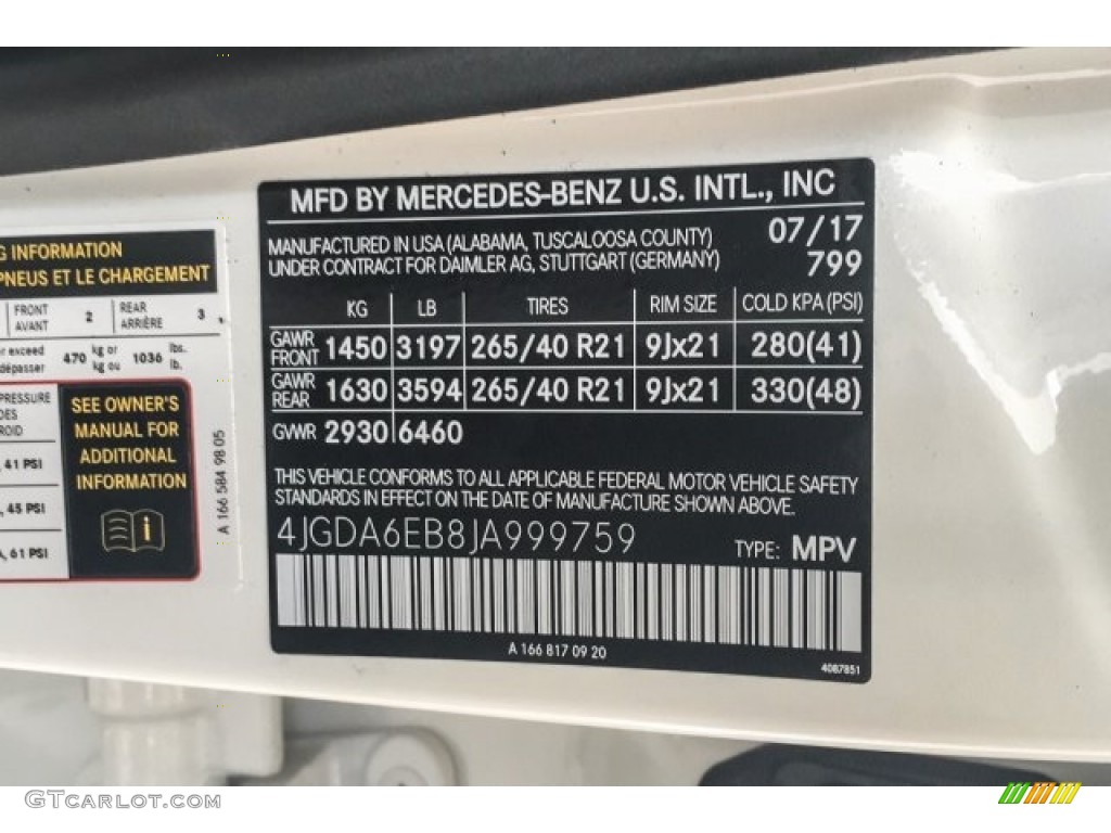 2018 GLE Color Code 799 for designo Diamond White Metallic Photo #125318541