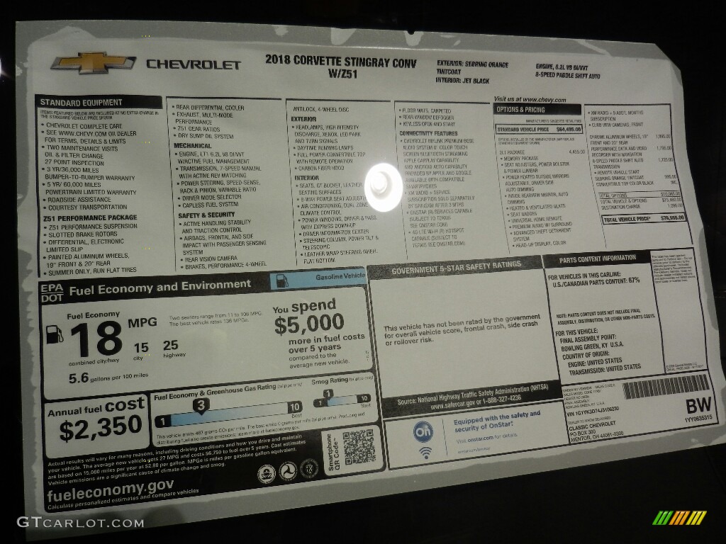 2018 Corvette Stingray Convertible - Sebring Orange Tintcoat / Jet Black photo #6
