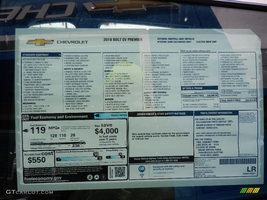 2018 Chevrolet Bolt EV Premier Window Sticker Photos