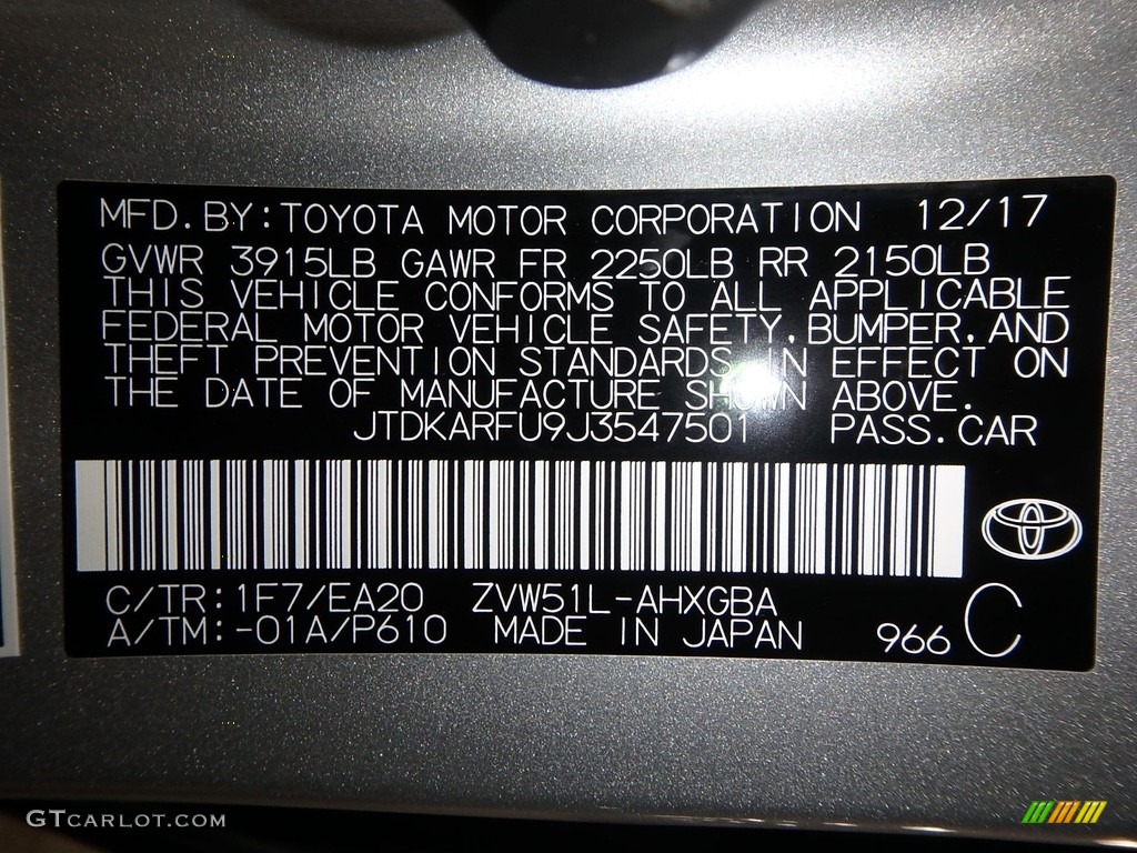 2018 Prius Color Code 1F7 for Classic Silver Metallic Photo #125382354