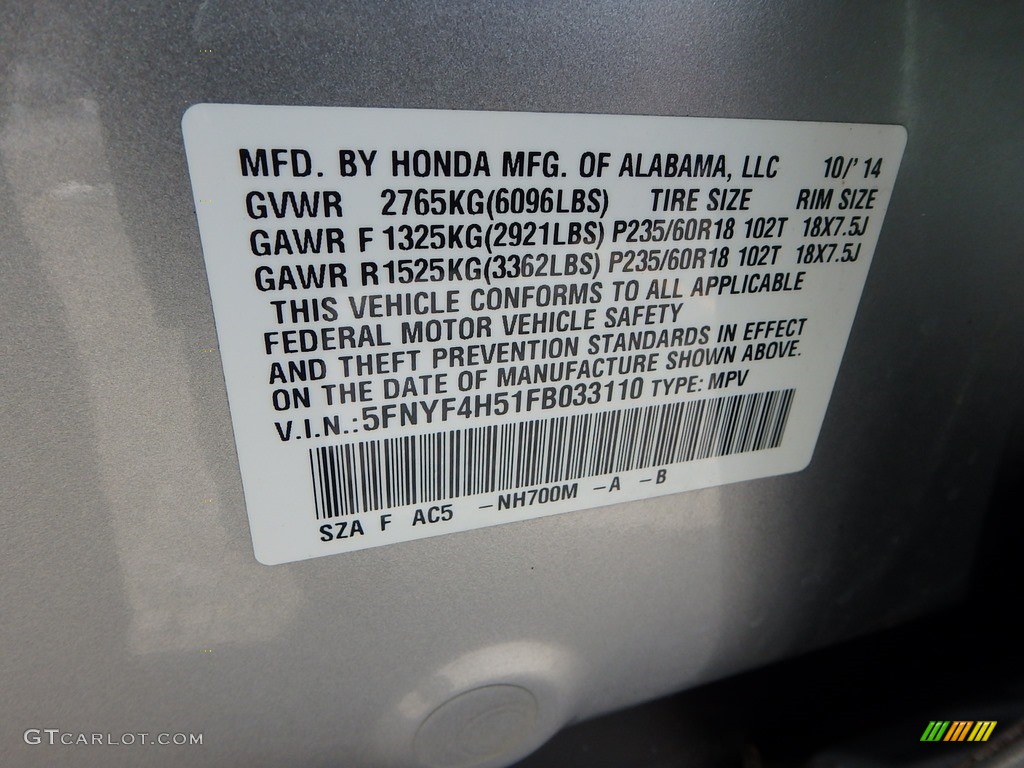 2015 Pilot EX-L 4WD - Alabaster Silver Metallic / Black photo #23