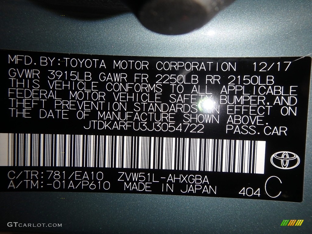 2018 Prius Color Code 781 for Sea Glass Pearl Photo #125431222