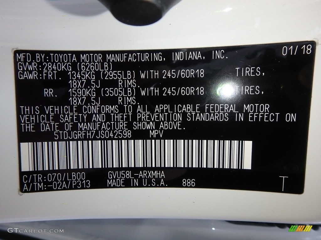 2018 Highlander Color Code 070 for Blizzard White Pearl Photo #125432553