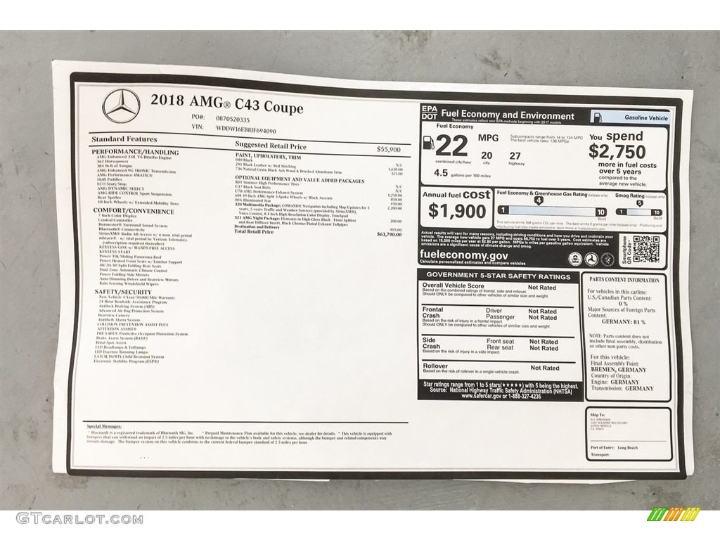 2018 Mercedes-Benz C 43 AMG 4Matic Coupe Window Sticker Photo #125445976