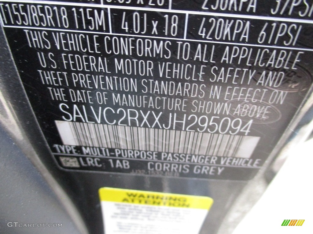 2018 Range Rover Evoque Color Code 1AB for Corris Grey Photo #125458985
