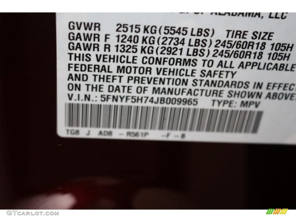 2018 Pilot Color Code R561P for Deep Scarlet Pearl Photo #125507474