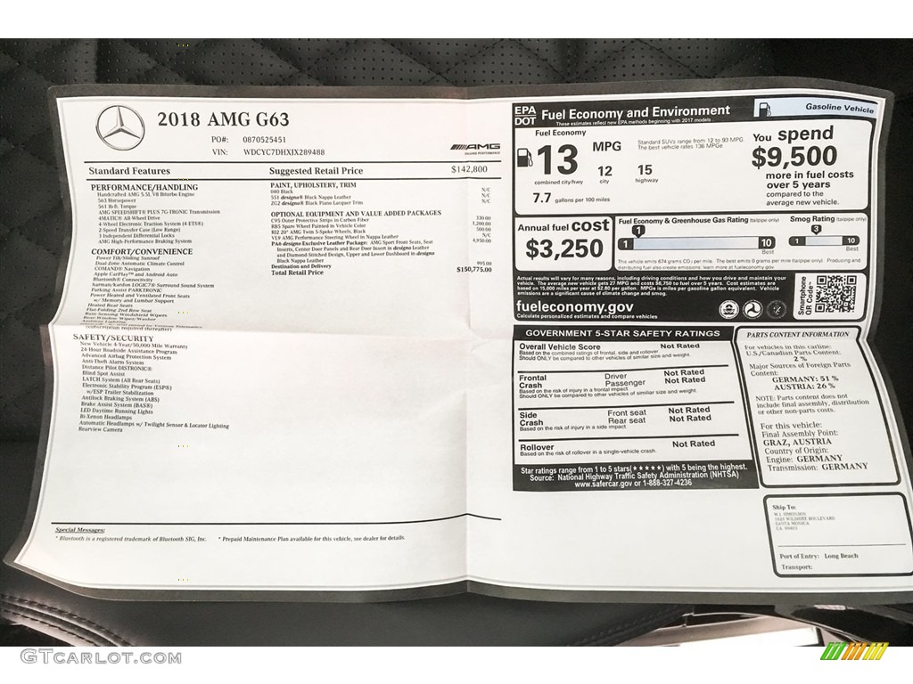2018 Mercedes-Benz G 63 AMG Window Sticker Photo #125509811