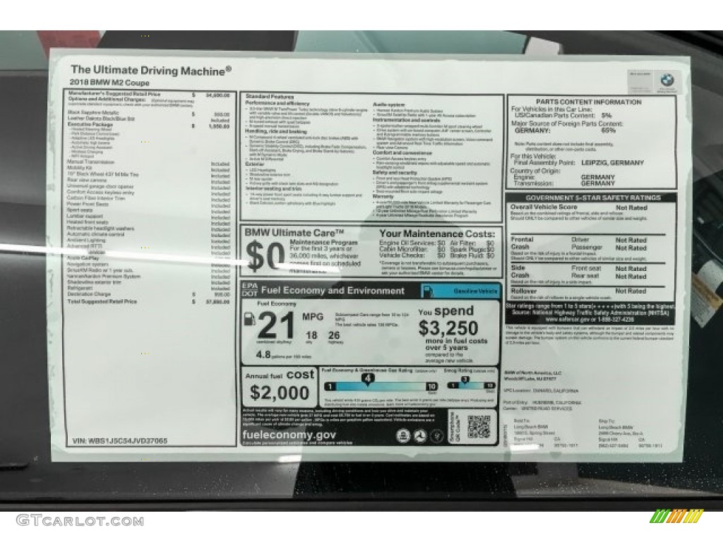 2018 BMW M2 Coupe Window Sticker Photo #125607388