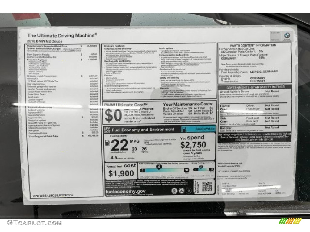 2018 BMW M2 Coupe Window Sticker Photo #125607568