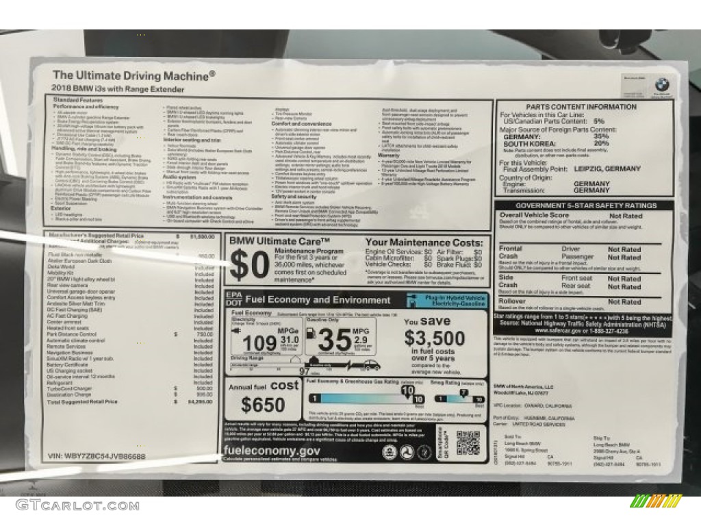 2018 BMW i3 S with Range Extender Window Sticker Photo #125607895