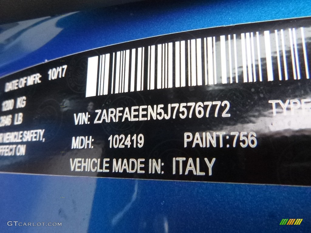 2018 Giulia Color Code 756 for Misano Blue Metallic Photo #125613748