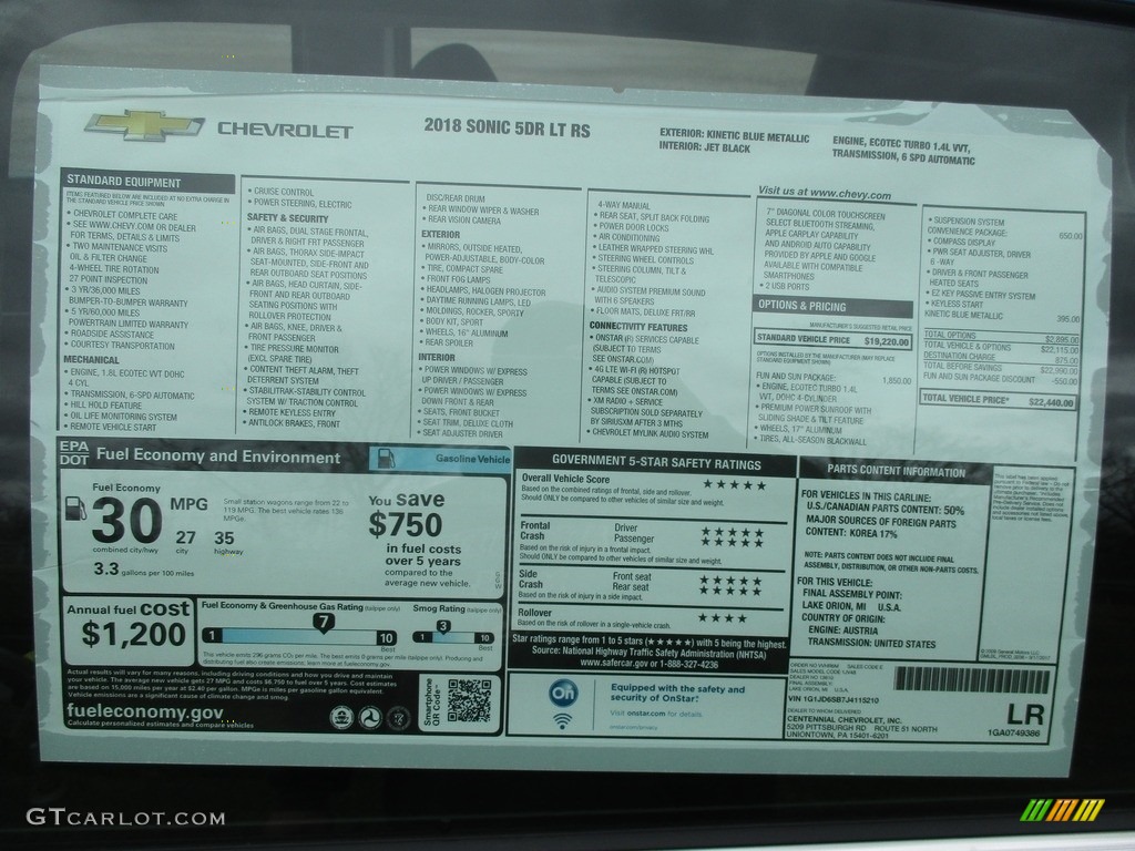 2018 Chevrolet Sonic LT Hatchback Window Sticker Photo #125626932