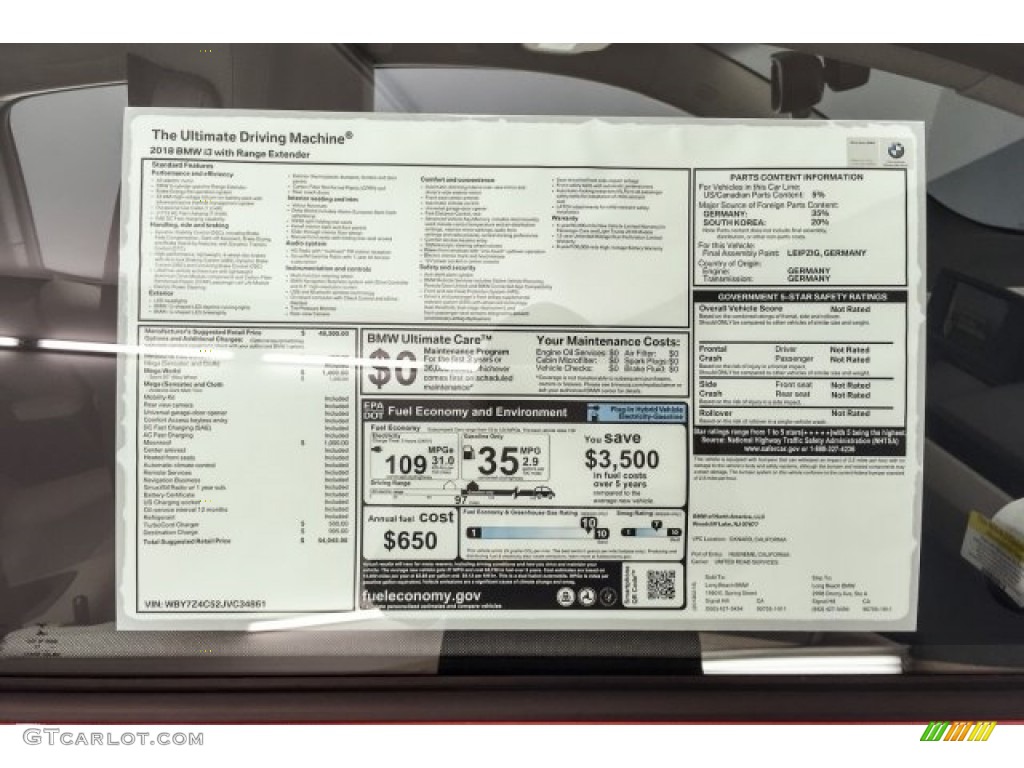 2018 BMW i3 with Range Extender Window Sticker Photo #125650415