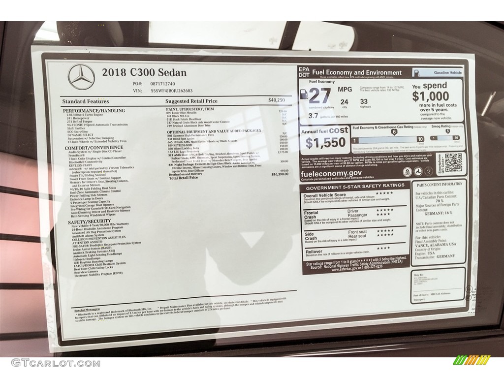 2018 Mercedes-Benz C 300 Sedan Window Sticker Photo #125653805