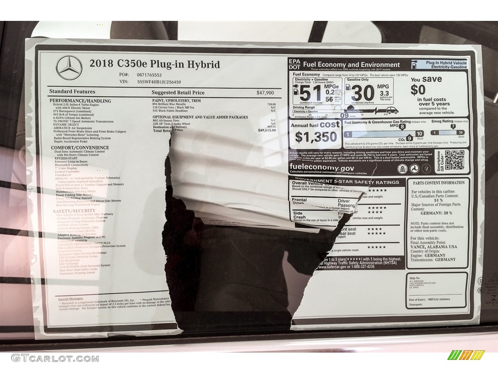 2018 Mercedes-Benz C 350e Plug-in Hybrid Sedan Window Sticker Photo #125654210