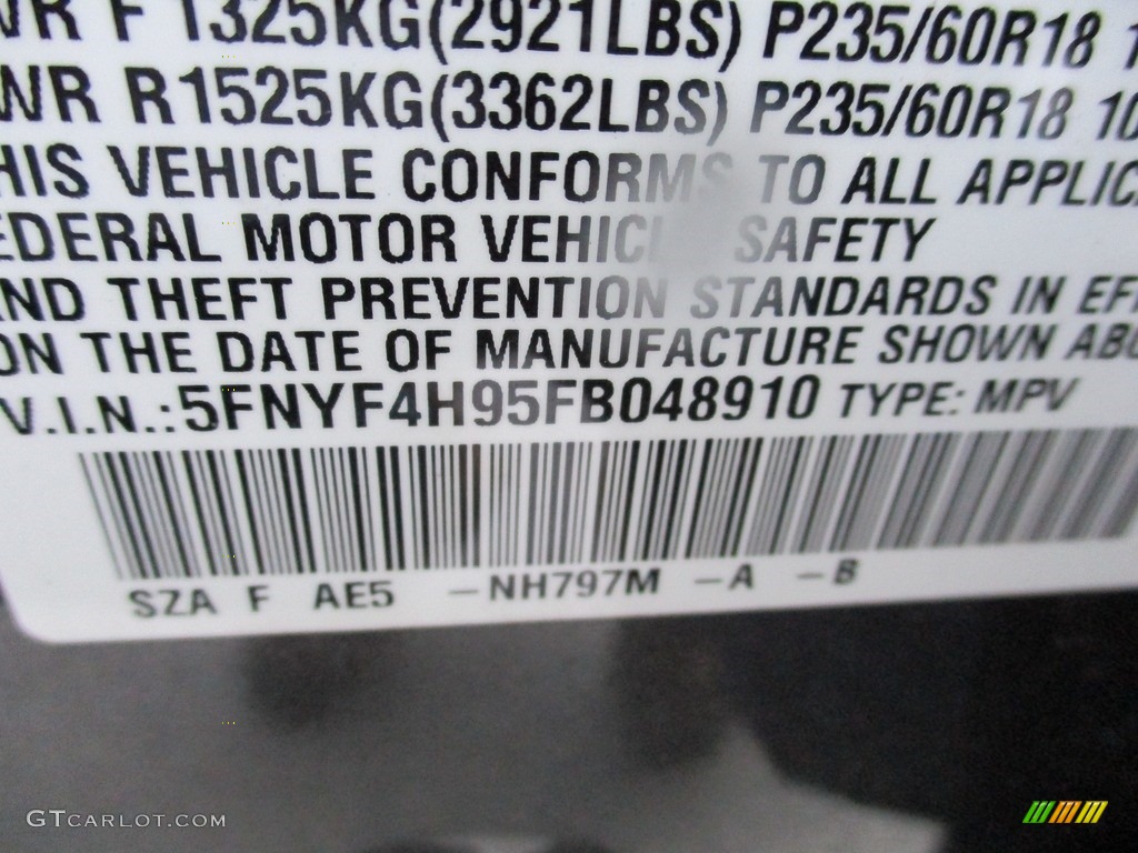 2015 Pilot Touring 4WD - Modern Steel Metallic / Black photo #19