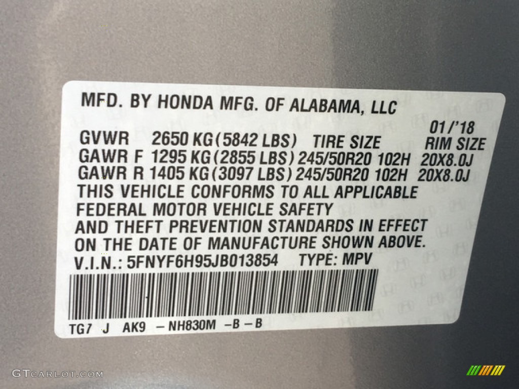 2018 Pilot Color Code NH830M for Lunar Silver Metallic Photo #125716488