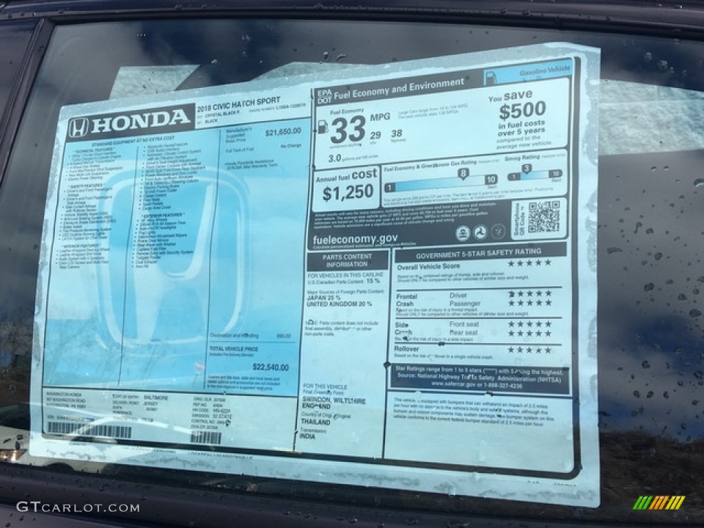 2018 Honda Civic Sport Hatchback Window Sticker Photo #125717229
