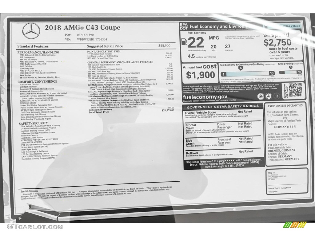 2018 Mercedes-Benz C 43 AMG 4Matic Coupe Window Sticker Photos