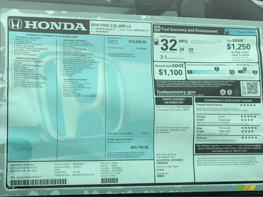 2018 Honda Civic LX Coupe Window Sticker Photo #125729592