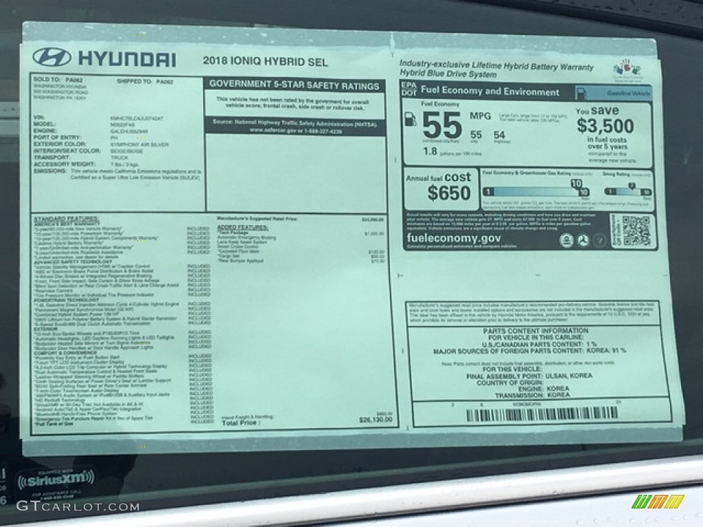 2018 Hyundai Ioniq Hybrid SEL Window Sticker Photo #125741928