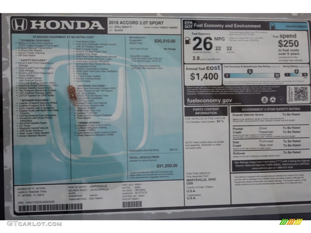 2018 Honda Accord Sport Sedan Window Sticker Photos