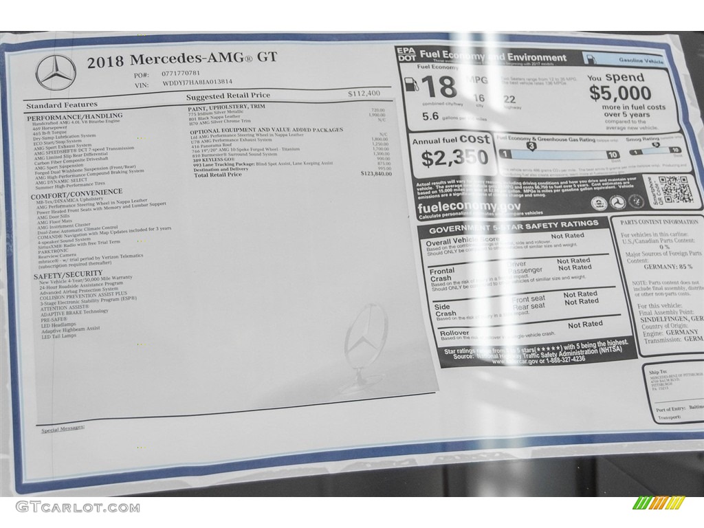 2018 Mercedes-Benz AMG GT Coupe Window Sticker Photo #125833490