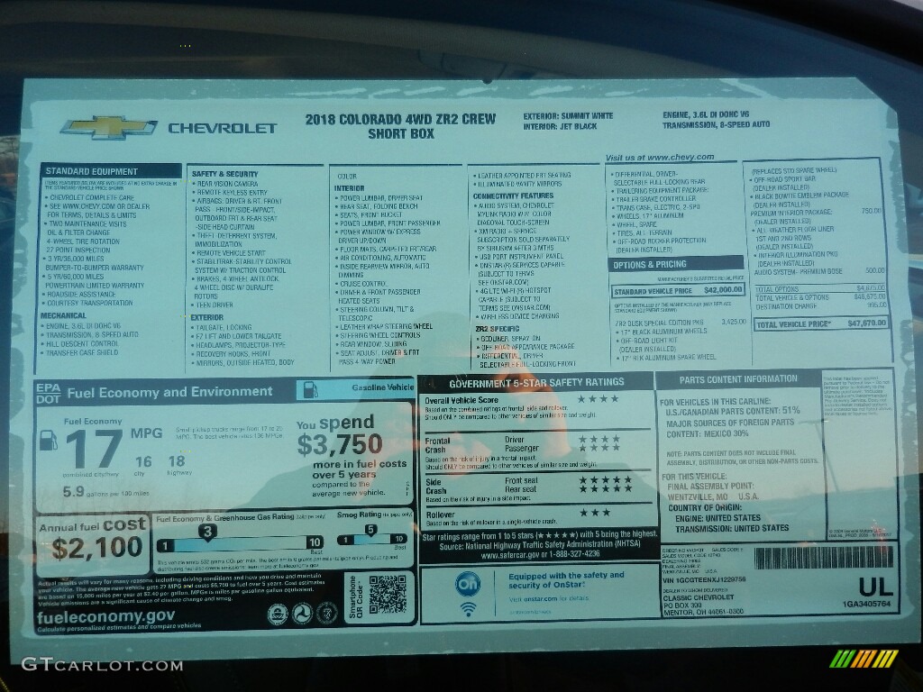 2018 Chevrolet Colorado ZR2 Crew Cab 4x4 Window Sticker Photo #125857448