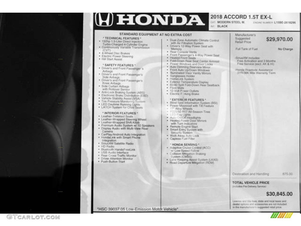 2018 Accord EX-L Sedan - Modern Steel Metallic / Black photo #39