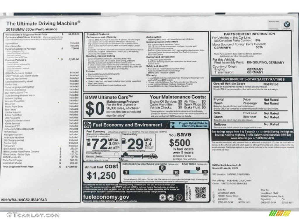 2018 5 Series 530e iPerfomance Sedan - Alpine White / Black photo #10