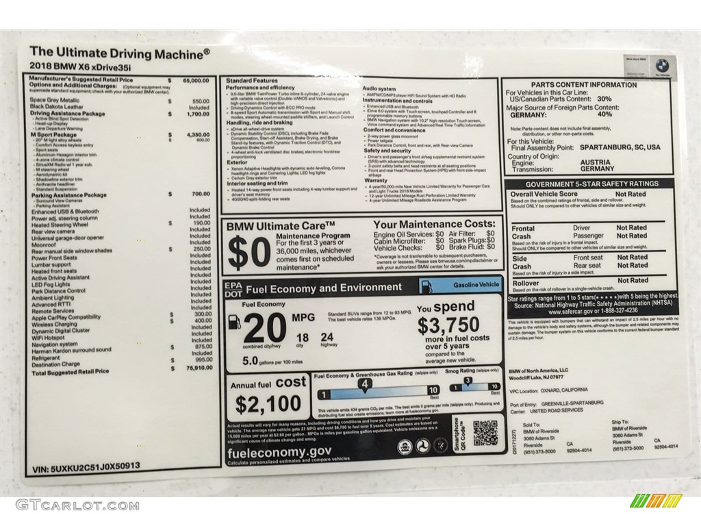 2018 BMW X6 xDrive35i Window Sticker Photo #125903288