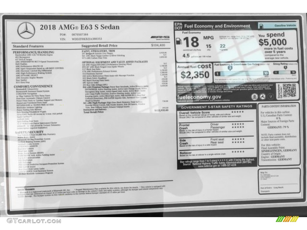 2018 Mercedes-Benz E AMG 63 S 4Matic Window Sticker Photo #125919846