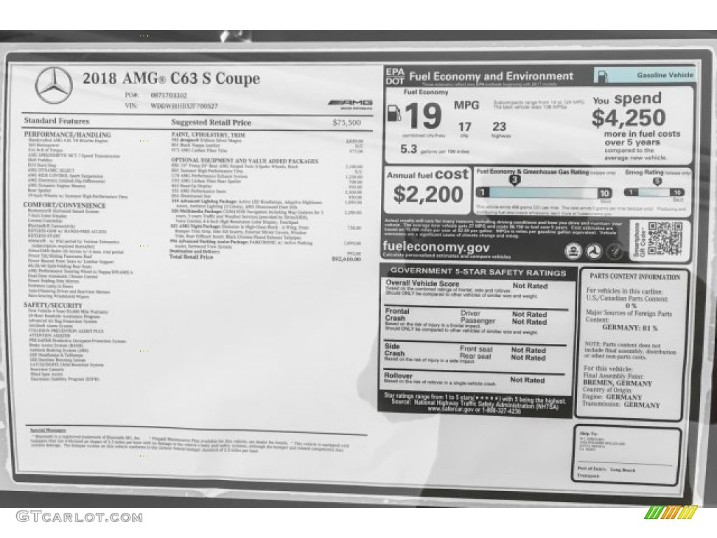 2018 Mercedes-Benz C 63 S AMG Coupe Window Sticker Photo #125951577