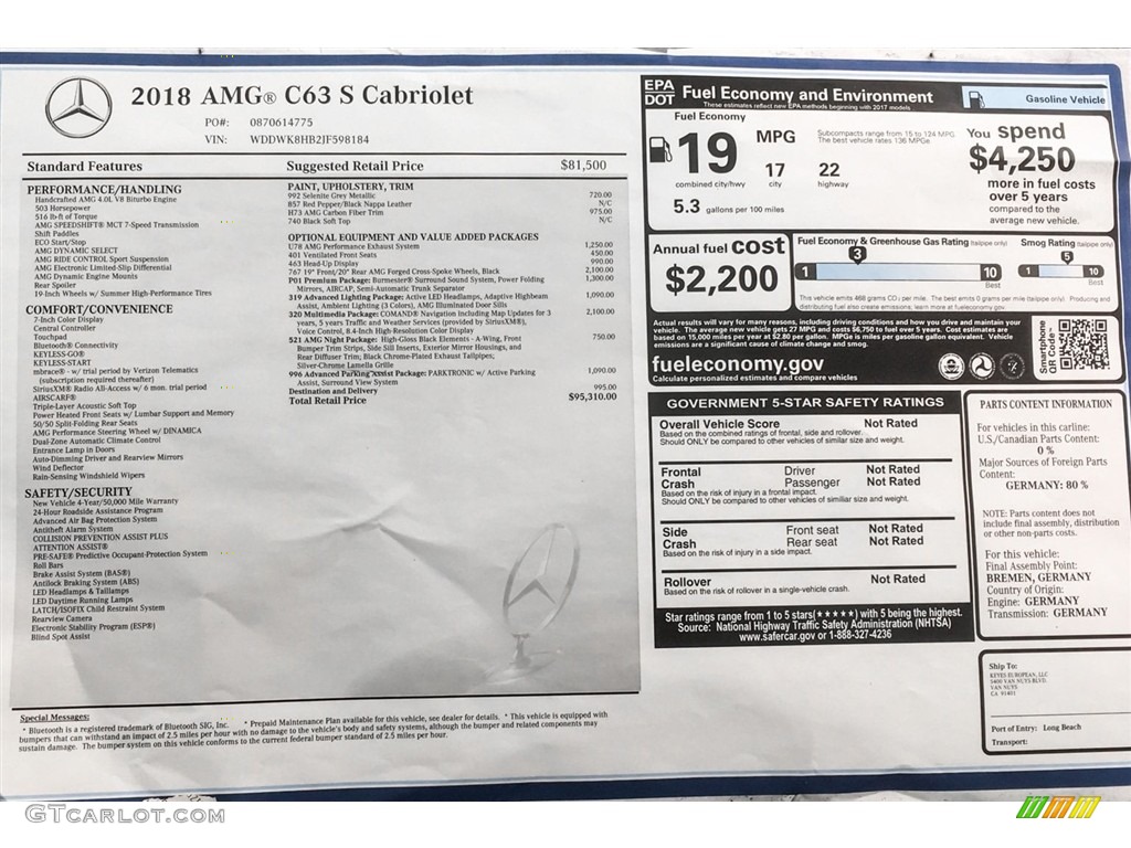 2018 Mercedes-Benz C 63 S AMG Cabriolet Window Sticker Photo #125984343
