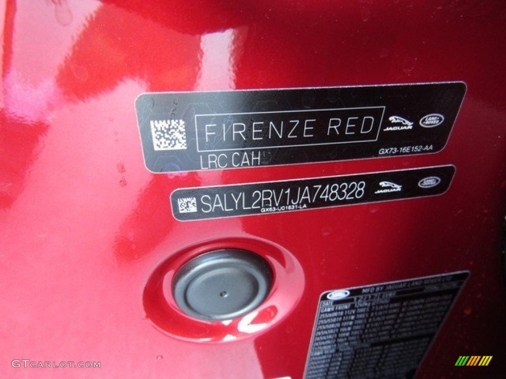 2018 Range Rover Velar Color Code CAH for Firenze Red Metallic Photo #126001149