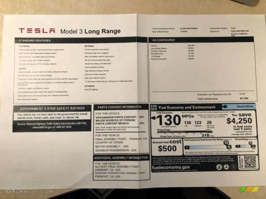 2018 Tesla Model 3 Long Range Window Sticker Photo #126017237
