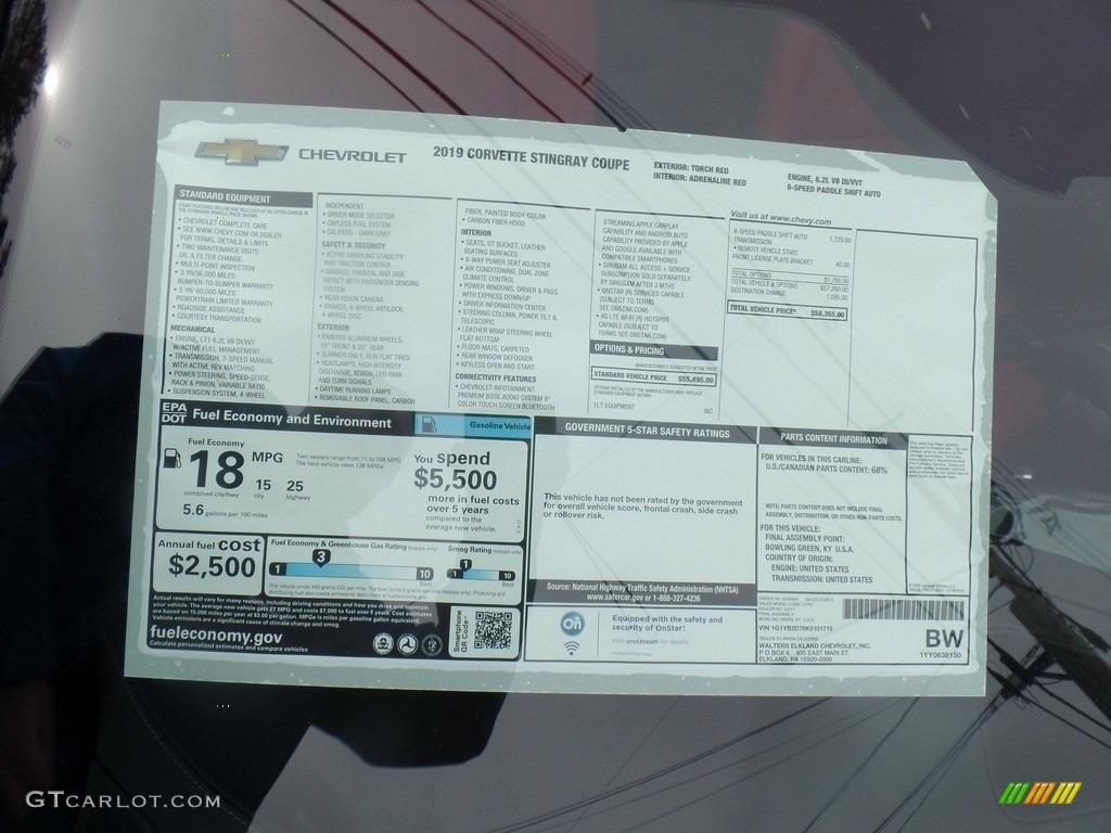 2019 Chevrolet Corvette Stingray Coupe Window Sticker Photo #126023534