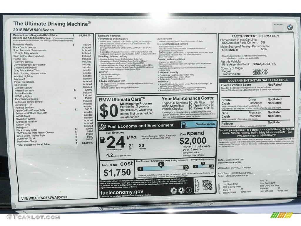 2018 BMW 5 Series 540i Sedan Window Sticker Photo #126026963