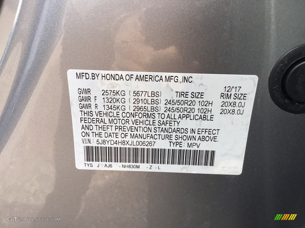 2018 MDX Color Code NH830M for Lunar Silver Metallic Photo #126031535