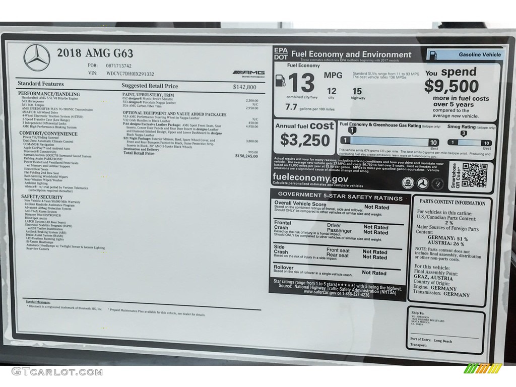 2018 Mercedes-Benz G 63 AMG Window Sticker Photo #126035315