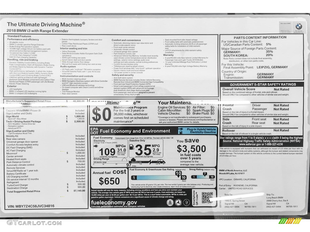 2018 BMW i3 with Range Extender Window Sticker Photo #126071057