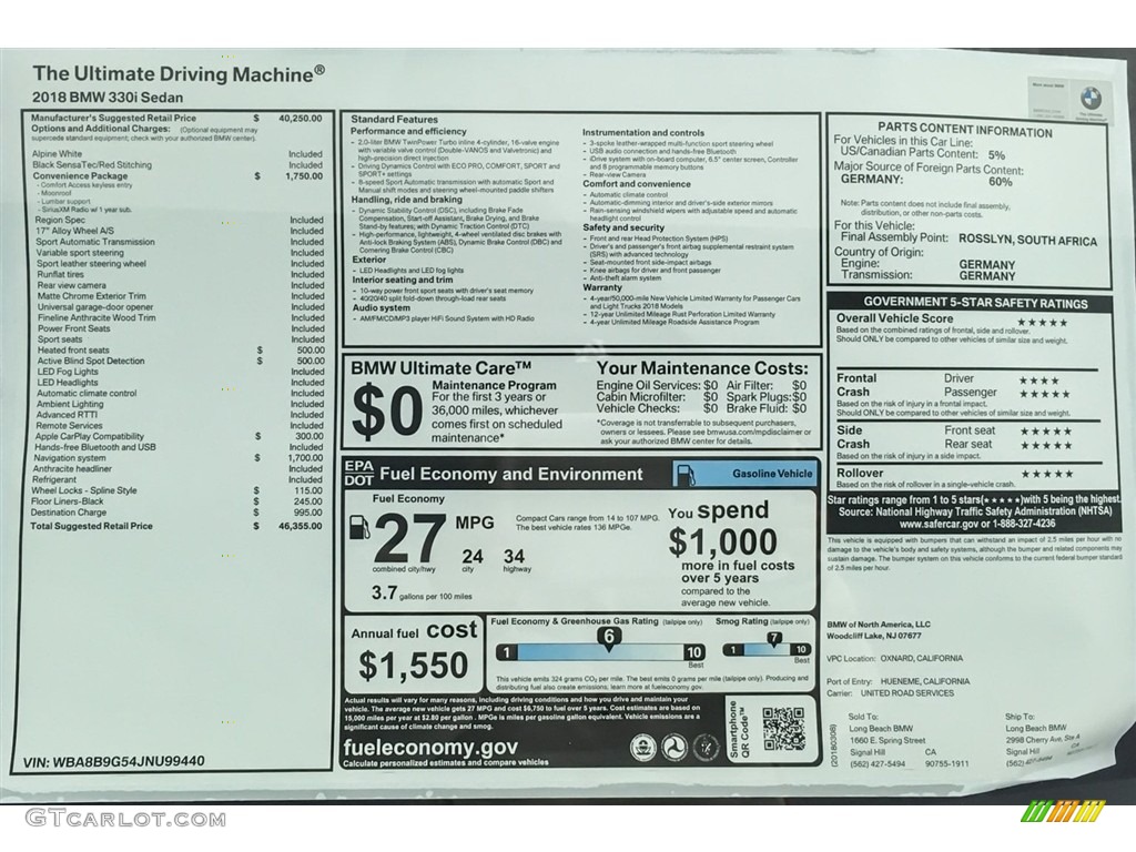 2018 3 Series 330i Sedan - Alpine White / Black photo #10