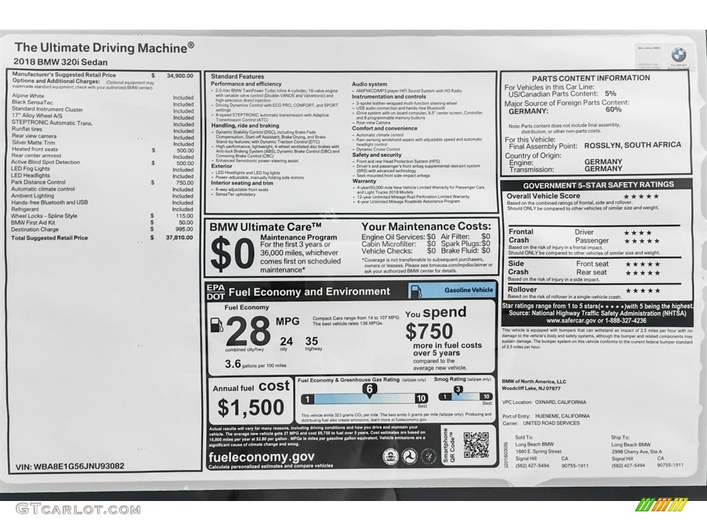 2018 3 Series 320i Sedan - Alpine White / Black photo #10