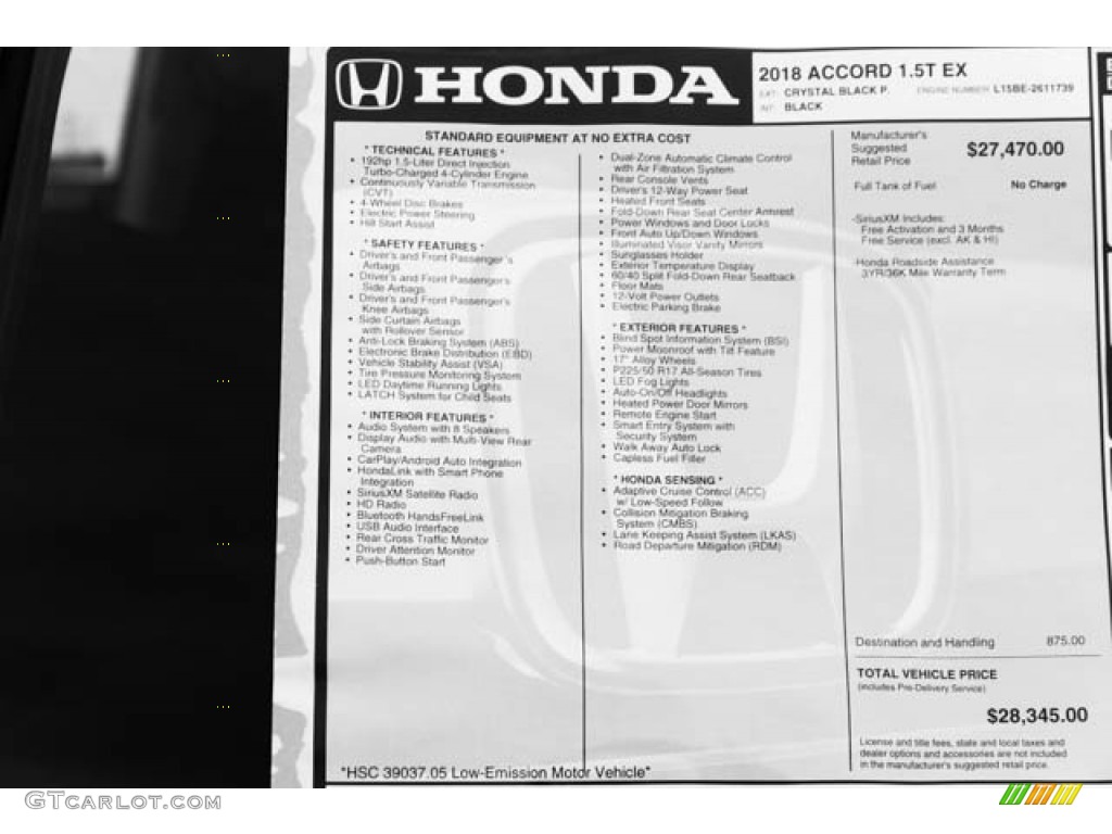 2018 Accord EX Sedan - Crystal Black Pearl / Black photo #39
