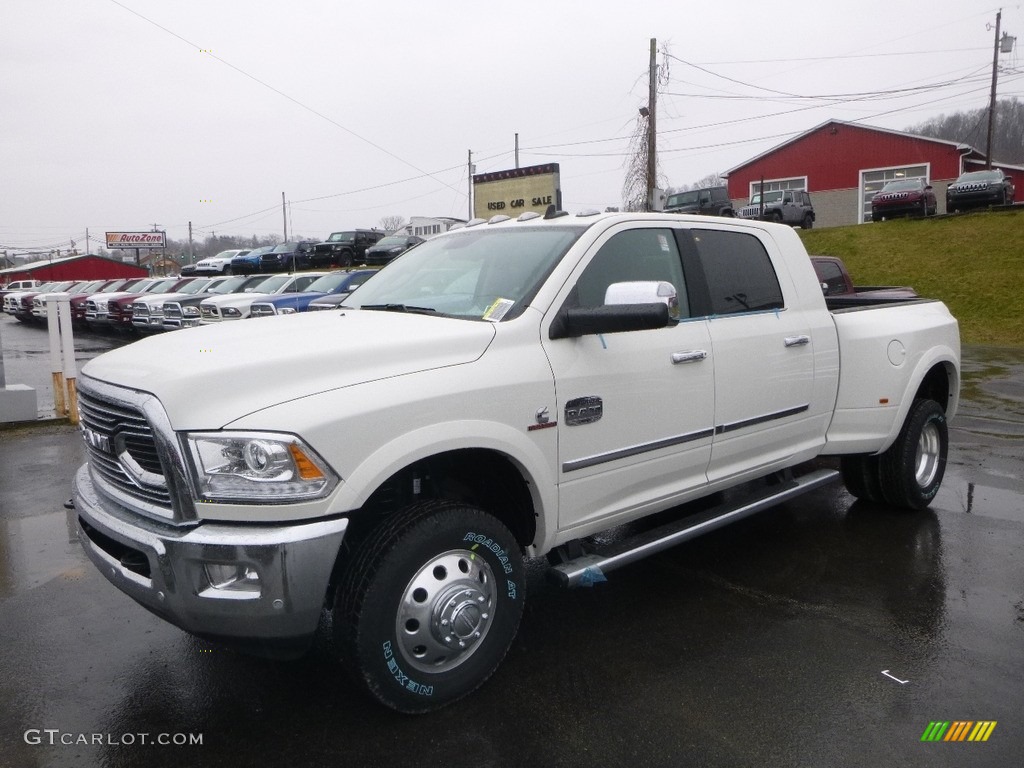 2018 3500 Laramie Longhorn Mega Cab 4x4 Dual Rear Wheel - Pearl White / Canyon Brown/Light Frost Beige photo #1