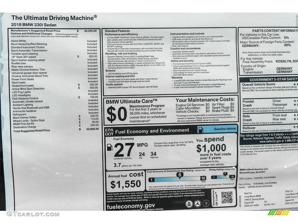 2018 3 Series 330i Sedan - Alpine White / Black photo #10