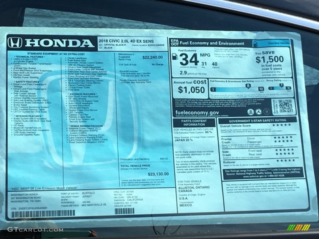 2018 Honda Civic EX Sedan Window Sticker Photo #126122540